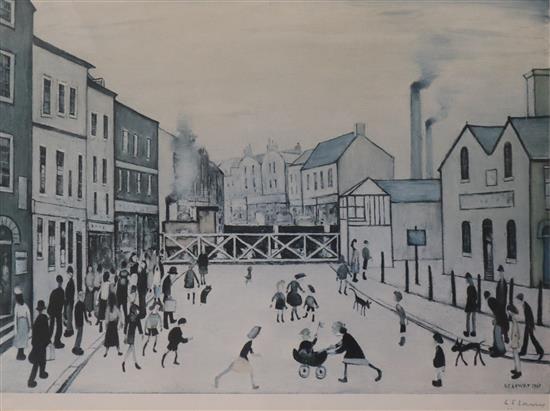 Lawrence Stephen Lowry (1887-1976), Level Crossing, Burton-on-Trent, 1961, lithograph, 40.7cm x 57cm